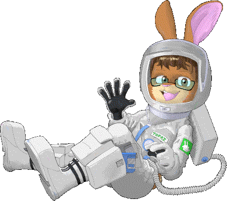 topaz rabbit in a spacesuit floating and waving hi