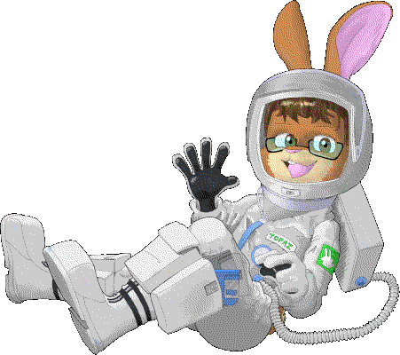 topaz rabbit in a spacesuit floating and waving hi